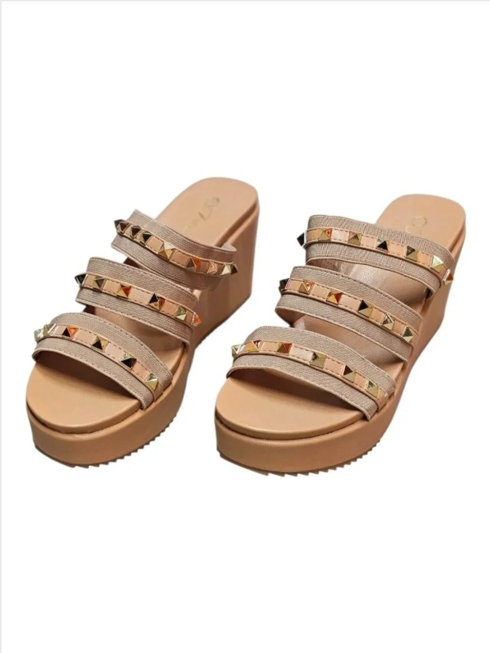 Studded Strap Nude Wedge Sandals For Women - Stylish Slip-On Platform Design Wit